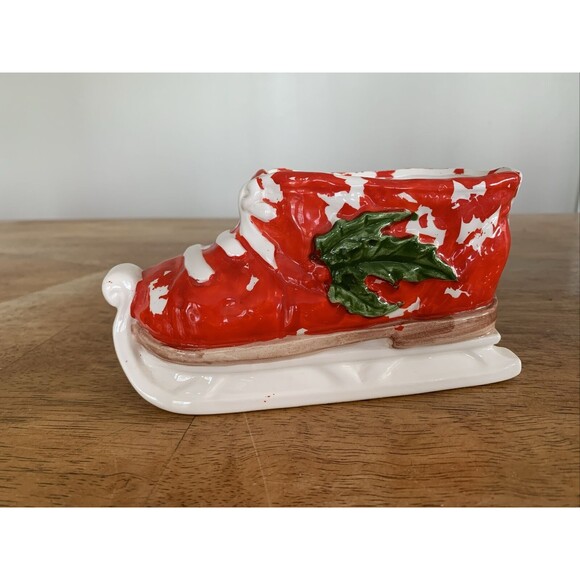 Vintage Relpo Planter Ice Skate Red Christmas Holly Berry Glossy 7075 Japan‎ - Picture 1 of 9